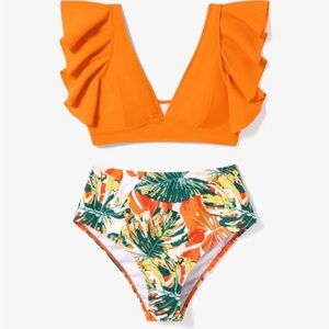 Orange Ruffle Bikini Top with Tropical Print Bottom